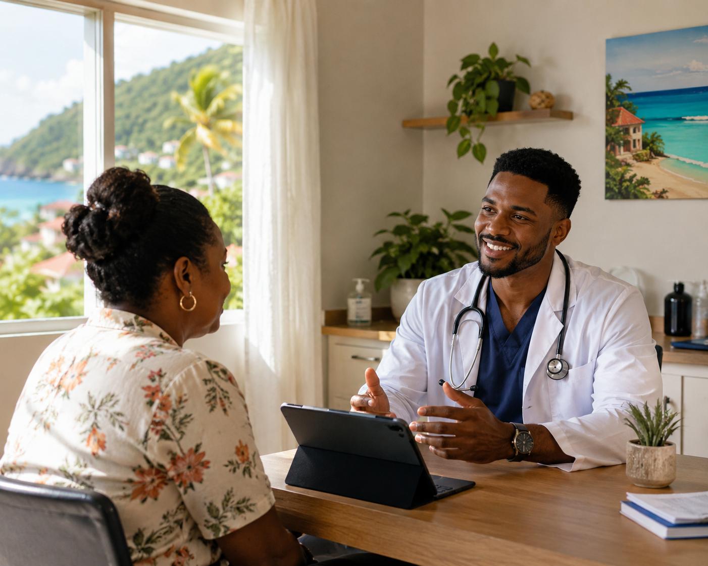 A primary-care doctor talking with a patient in a sunlit Caribbean clinic.